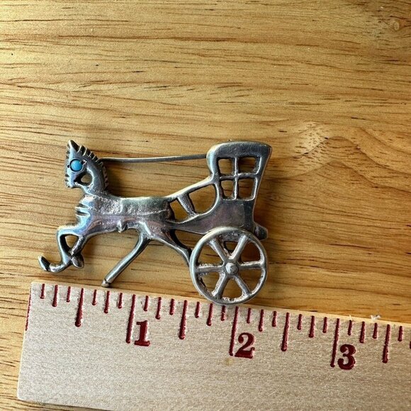 VTG Mexico Brooch Horse‎ Buggy 2.25" Turquoise Articulated Wheel Sterling 16.3g - Picture 4 of 7